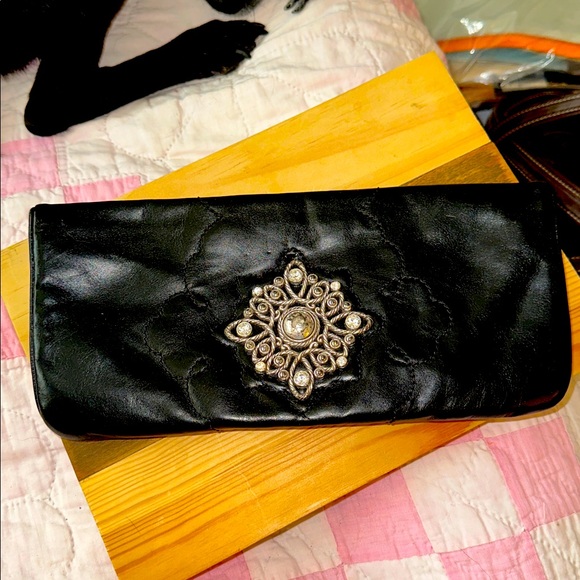 Brighton Long Clutch Black Leather Filagree Front Flap Embellishment - Picture 1 of 7